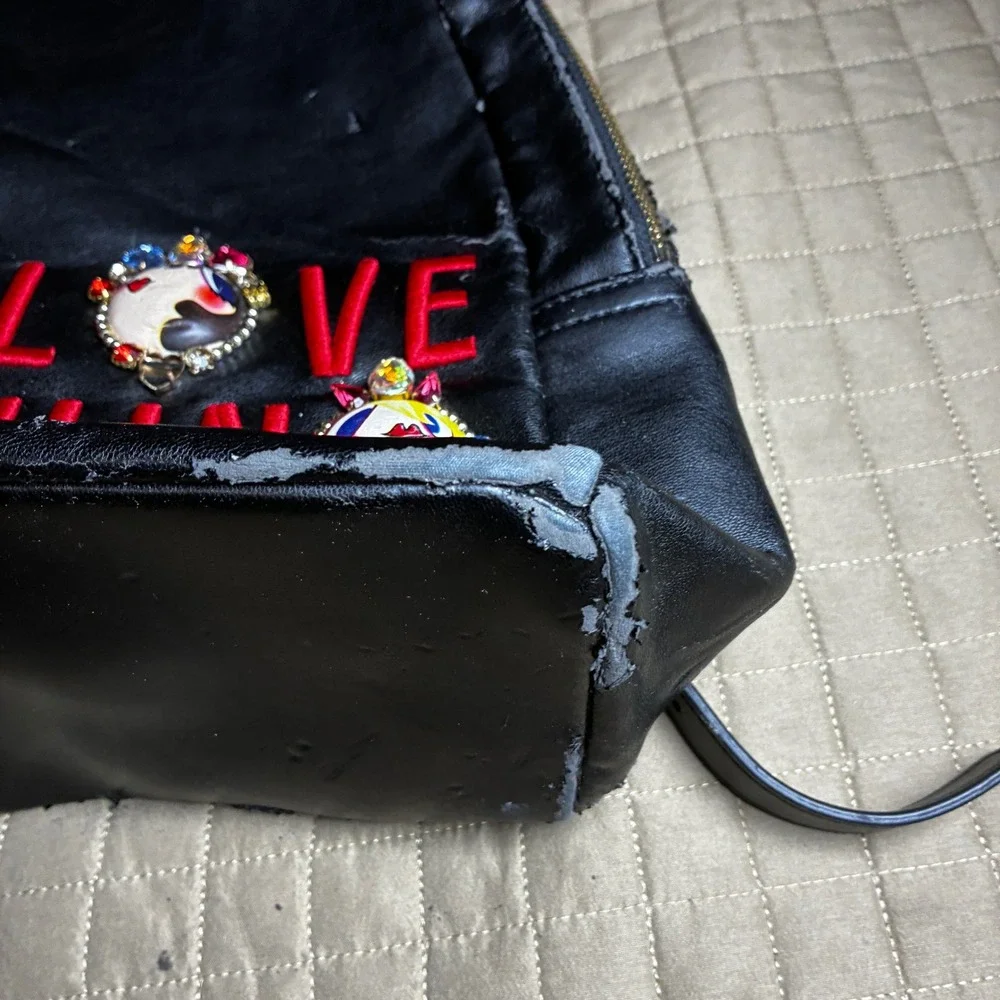 Love‎ Moschino Black Faux Leather Backpack Jeweled Patches Red Logo AS IS Repair